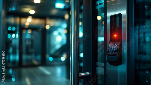 A professional photograph capturing the intricate details of a fingerprint scan access control system machine installed by an office entrance suggests advanced security measures photo