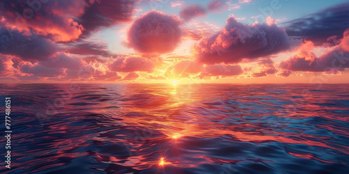 Sunset with beautiful rays of light over the sea, sunrise background with copy space. Sunbeams and sun flare on colorful sky with ocean horizon. Sunset background with beautiful light beams, 