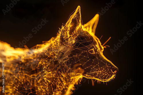 Ethereal wireframe visualization against radiant translucent backdrop, featuring a canine figure in futuristic concept