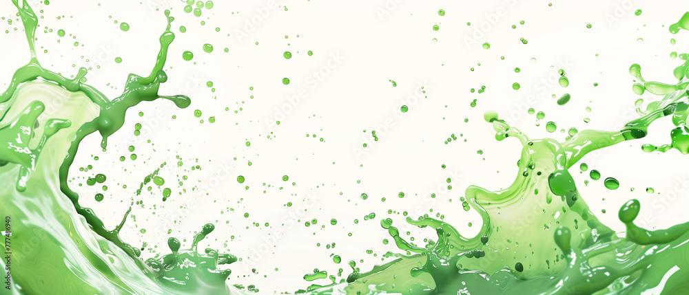Obraz premium Minimal banner with vibrant splash of green paint liquid colors on white background. Generative AI