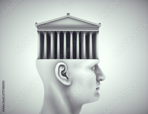 Roman building on head. High level education and knowledge concept.