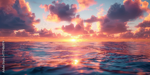 Sunset with beautiful rays of light over the sea, sunrise background with copy space. Sunbeams and sun flare on colorful sky with ocean horizon. Sunset background with beautiful light beams,  © Planetz
