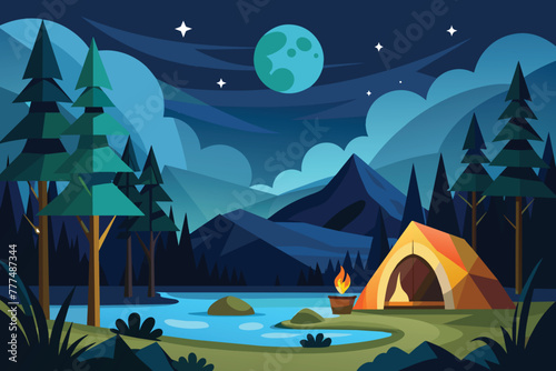 Mountain night camping. Cartoon forest landscape with lake, tent and campfire, sky with moon. Hiking adventure, nature tourism vector