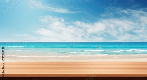 Summer beach background with empty space on the table top in front. Season vacation horizontal banner. Wooden table for advertising product