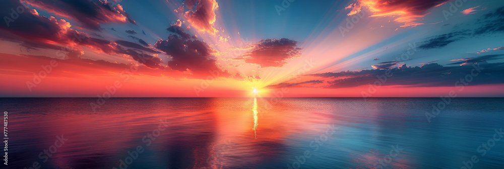 Sunset with beautiful rays of light over the sea, sunrise background with copy space. Sunbeams and sun flare on colorful sky with ocean horizon. Sunset background with beautiful light beams, 