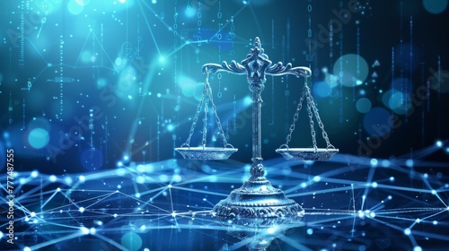 Smart digital law, legal advice icons and lawyer working tools in the lawyers office showing concept of digital law and online technology