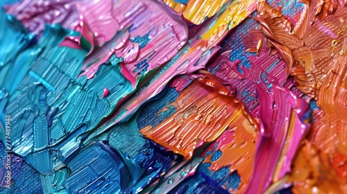 A close-up view of a colorful, abstract painting, showcasing a mixture of oil and acrylic brushstrokes. The texture is rough, with layers of paint applied in a dynamic and expressive manner.  © Muhammad
