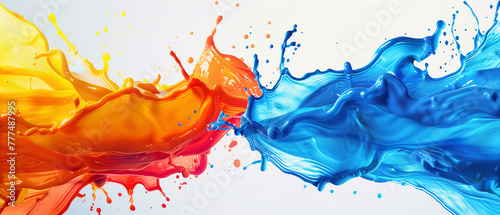 Minimal banner with vibrant splash of blue and orange paint liquid colors on white background. Generative AI