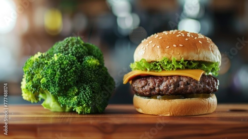 Choosing between healthy and unhealthy junk food concept. Fast-food vs balanced menu comparison. Dieting and health eating. Burger vs green broccoli. Bad or good diet meal. photo