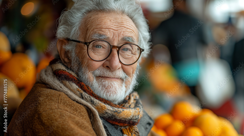 Portrait of a Wise Elderly Man with Glasses and a Warm Scarf at the Market Portrait of a Wise Elderly Man with Glasses and a Warm Scarf at the Market