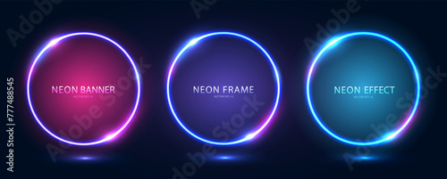 A set of three round neon frames with shining effects and highlights on a dark blue background. Vector EPS 10.