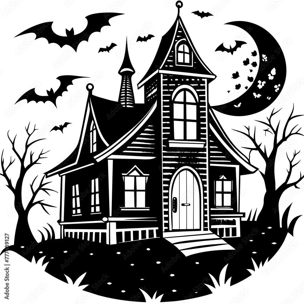 Collection silhouettes of haunted houses vector flat illustration,Halloween scary ghostly monsters house,Cute cartoon spooky characters,Holiday Silhouette,Hand drawn trendy Vector illustration,svg