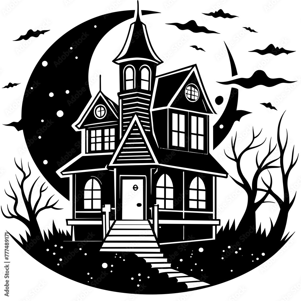 Collection silhouettes of haunted houses vector flat illustration,Halloween scary ghostly monsters house,Cute cartoon spooky characters,Holiday Silhouette,Hand drawn trendy Vector illustration,svg