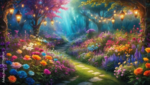 This image captures an ethereal garden path illuminated by lanterns, with vibrant flowers lining the cobblestone walkway under a mystical twilight canopy.. AI Generation © Anastasiia