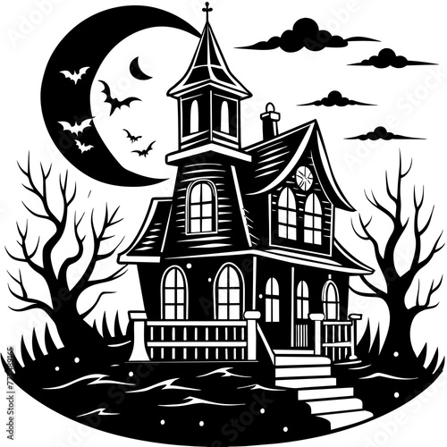 Collection silhouettes of haunted houses vector flat illustration,Halloween scary ghostly monsters house,Cute cartoon spooky characters,Holiday Silhouette,Hand drawn trendy Vector illustration,svg