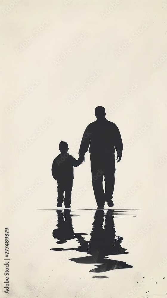 I need a hand-drawn illustration in the minimalist style of a silhouette of a father and son walking together. The design should convey simplicity, sophistication - generative ai