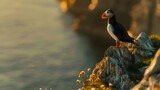 A solitary puffin perched on a rocky cliff, its vibrant orange beak contrasting against the soft hues of a blurred ocean backdrop