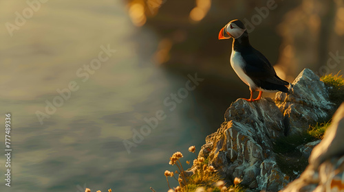 A solitary puffin perched on a rocky cliff, its vibrant orange beak contrasting against the soft hues of a blurred ocean backdrop photo