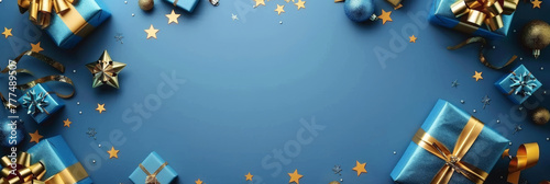 A blue christmas background with small golden stars and gift boxes decorations, Xmas banner design, Happy New Year, party invitation card template, winter holiday ,copy space