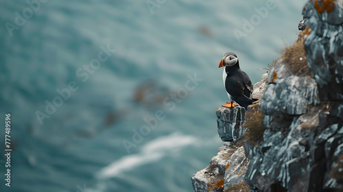 A solitary puffin perched on a rocky cliff, its vibrant orange beak contrasting against the soft hues of a blurred ocean backdrop photo