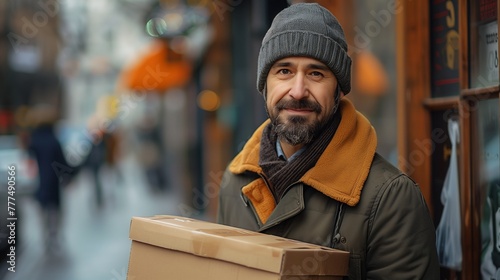 Smiling Delivery Man in Winter Attire with Parcel.