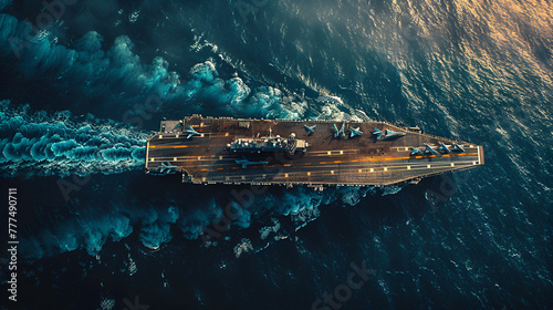 navy nuclear aircraft carrier, navy ship carrier full loading fighter jet aircraft, Aircraft carrier crossing the ocean, Aerial drone, anchored in deep blue open ocean sea, Generative Ai photo