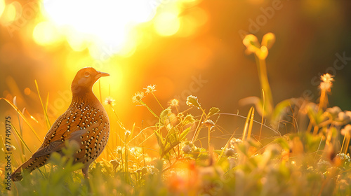A solitary quail gracefully navigating through a lush meadow, bathed in the golden light of a setting sun, with ample copy space photo