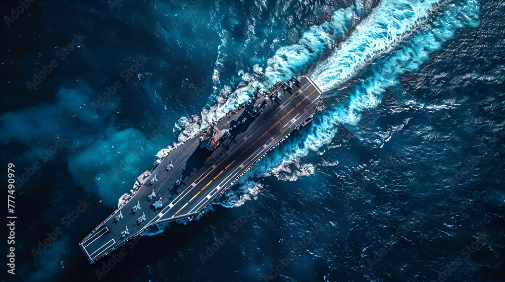 navy nuclear aircraft carrier, navy ship carrier full loading fighter jet aircraft, Aircraft carrier crossing the ocean, Aerial drone, anchored in deep blue open ocean sea, Generative Ai - obrazy, fototapety, plakaty 