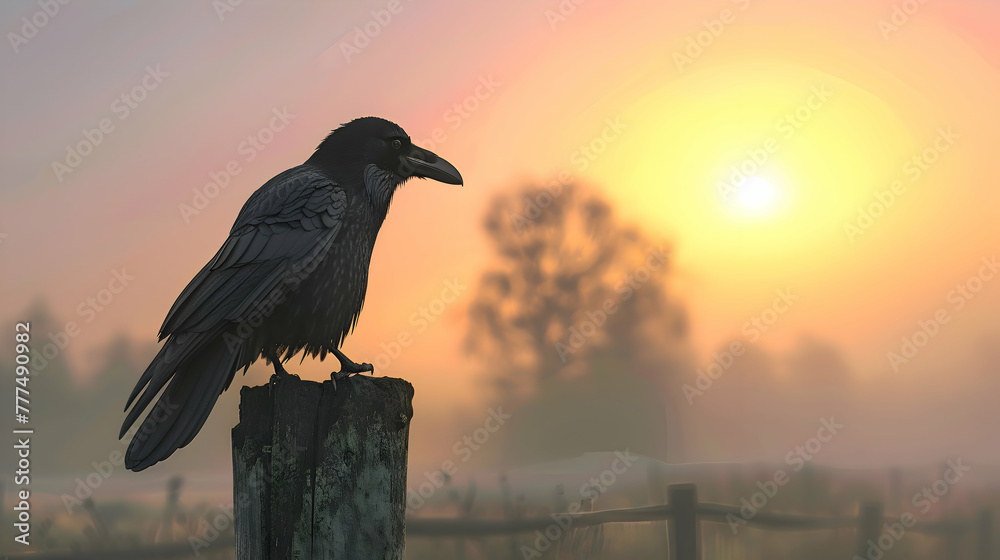 Fototapeta premium A solitary raven poised on a weathered fence post against a soft sunset sky
