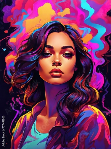 a digital painting of a woman with colorful hair and a colorful light