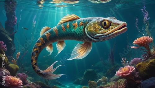 An enchanting, ornate fish swims through a lush underwater landscape, surrounded by vibrant flora, invoking a sense of marine mystery. AI Generation