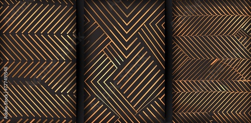 set of three seamless patterns for web design  linear dark brown and golden lines on a black background  a simple geometric pattern with thin lines and thin strokes in a minimalist style