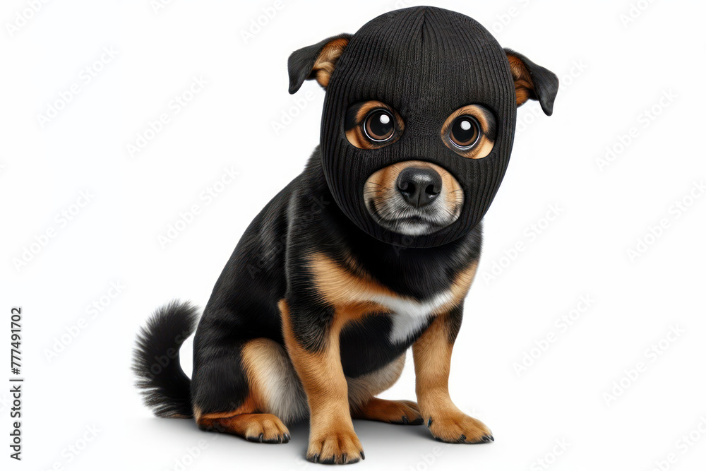 full body dog in a black robber mask with big bulging eyes isolated on a white background full body dog in a black robber mask with big bulging eyes isolated on a white background