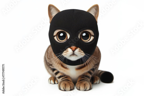 full body bengal cat in a black robber mask with big bulging eyes isolated on a white background