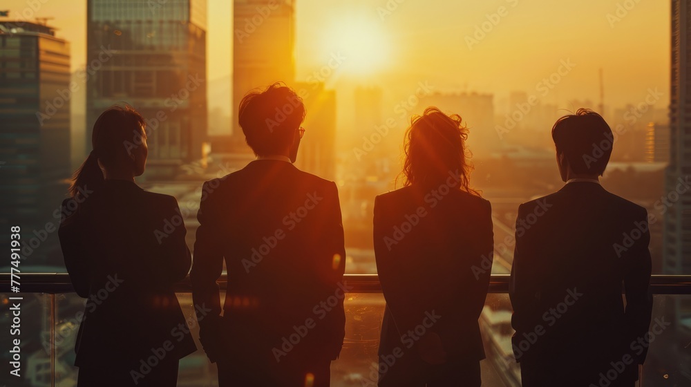 team of business, People are silhouetted against the reflective glass of a modern office building, bathed in the warm light of a city sunset.
