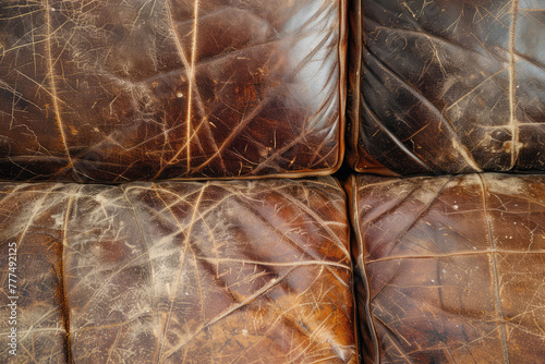 Close-up of texture of old cracked leather furniture in cracks and scratches. Furniture restoration background.