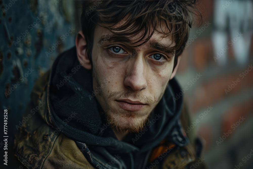 Fototapeta premium Portrait of a young sad man with drug addict. Social problems, drug and alcohol addiction, negative impact on health.