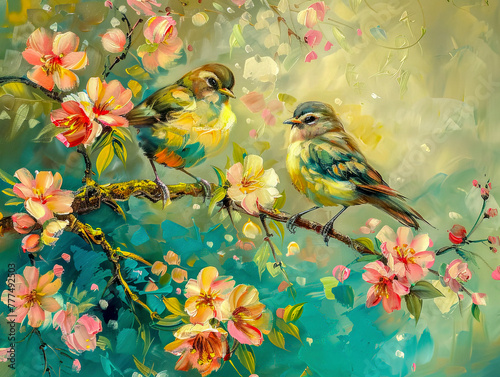 Birds and flowers  oil painting romanticism styule photo