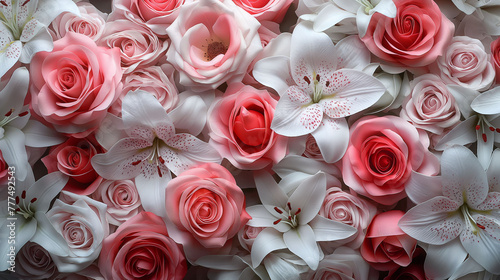 Pink roses and white lilies making a background
