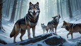 An alpha wolf stands commandingly with its pack in a snow-covered forest, exuding the wild essence of natural leadership and instinct.. AI Generation