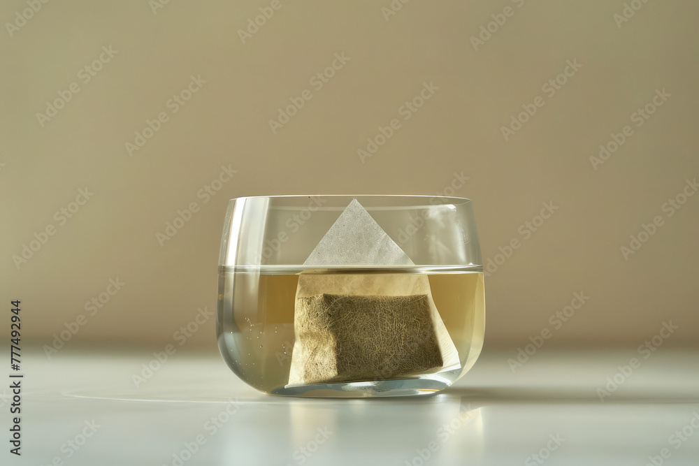 The tea bag of tea is dissolved in hot water in a glass mug. Close-up, copy space, minimal style, minimalism, simple background. The tea bag of tea is dissolved in hot water in a glass mug. Close-up, copy space, minimal style, minimalism, simple background.