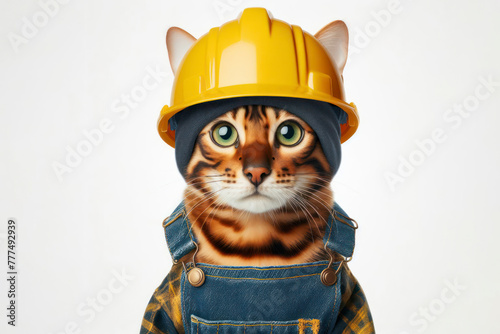 bengal cat wearing a yellow construction helmet isolated on a solid white background photo