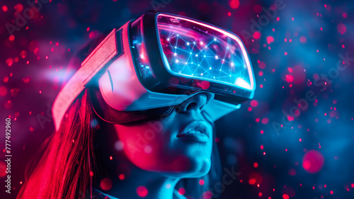 Woman Experiencing Virtual Reality Immersion. Woman with VR headset stands mesmerized by the captivating digital network interface, indicating a futuristic virtual reality experience.