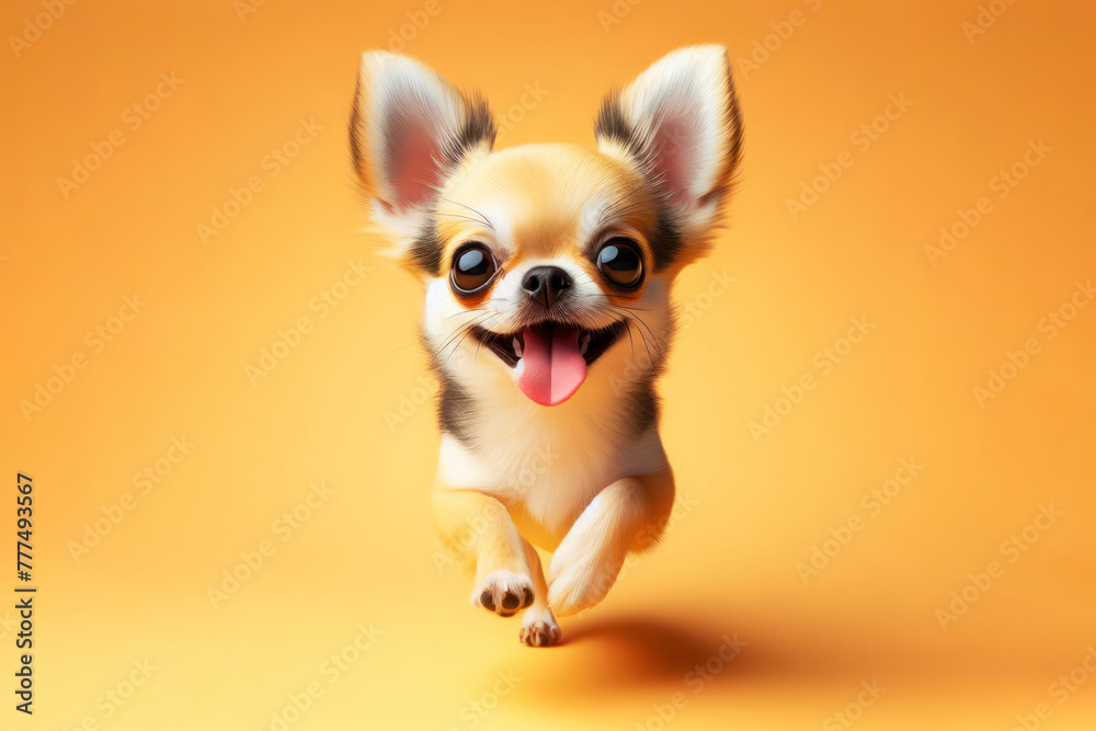 The cute Chihuahua runs with his tongue hanging out and big bulging eyes isolated on a color background