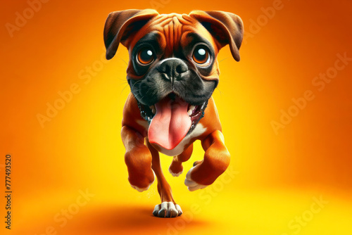 The cute Boxer runs with his tongue hanging out and big bulging eyes isolated on a solid bright color background