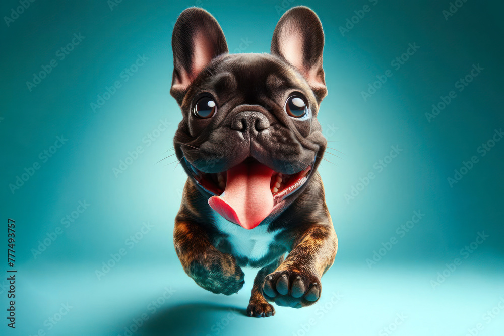 The cute French Bulldog runs with his tongue hanging out and big bulging eyes isolated on a color background
