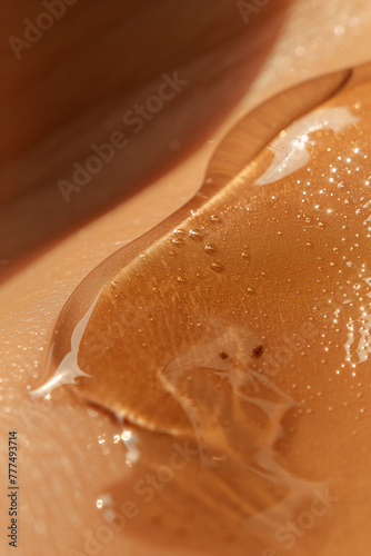 Close up detail nourishing moisturizing serum smear with shea butter containing hyaluronic acid on woman skin. photo