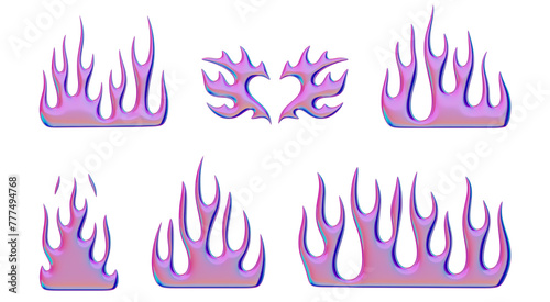 3D burning fire. Set of trendy Y2K elements. Pink flame shapes with gradient effect. 3D render. Illustrations are isolated on white background.