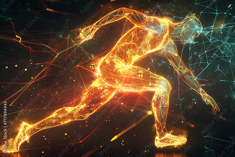 Innovative wireframe visualization against radiant translucent backdrop features a man engaged in various sports activities