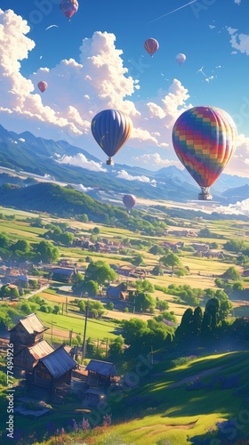 Top view of green landscape and mountain valleys and town and colorful balloons flying in the sky © pundapanda
